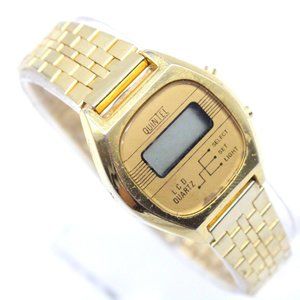 Vintage Quintel Digital Watch Womens Gold Tone Stainless Steel Retro Quartz 80's
